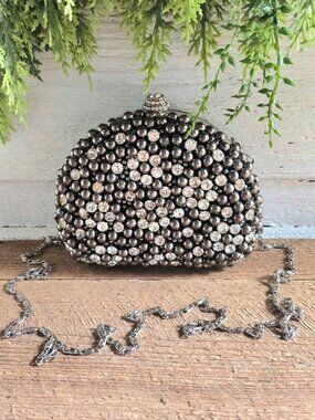 Gray & Silver Beaded Jewel Clasp Maurices Crossbody Purse Evening Clutch Bag